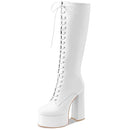 Perisis Women's Chunky Platform Knee High Boots Lace Up Goth Size: 9 - White - Like New