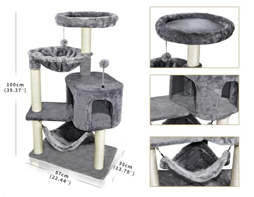 YUNIQUE CAT TREE WITH CAT CONDO AND BIG HAMMOCK - GRAY - Like New