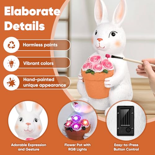 BRIGHTEVER SOLAR POWERED OUTDOOR GARDEN STATUES- RABBIT, 11.8IN - FLOWER POT - Like New