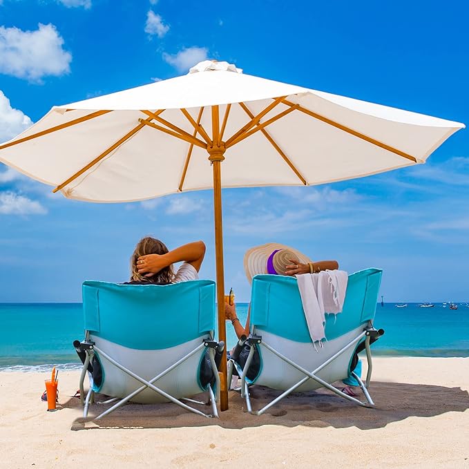 HAUSHOF Low Beach Chair Mesh Back Folding Chair Lightweight Low Seat BLUE/WHITE - Like New