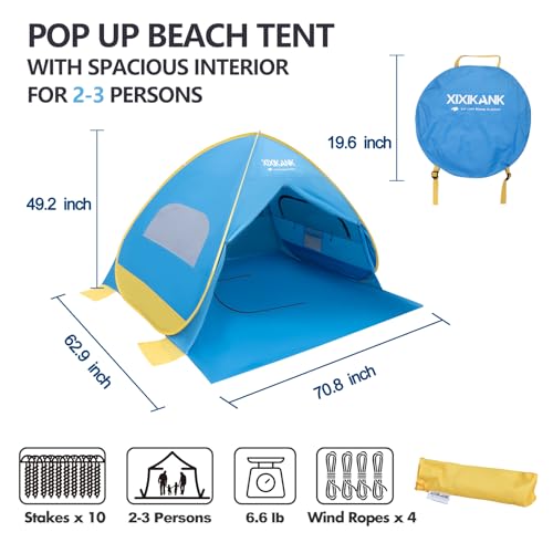 XIXIKANK 2 Seconds Easy Setup Pop-Up Beach Tent for 2-3 Persons - BLUE/YELLOW - Like New