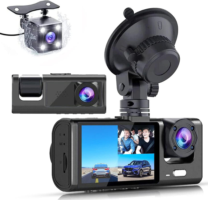 TEQHOME 3 Channel Dash Cam Front Rear Inside, 1080P, 32GB Max, - Scratch & Dent