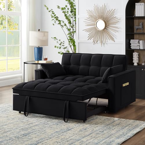 SLEERWAY BLACK VELVET SLEEPER SOFA COUCH, 4 IN 1 MODERN CONVERTIBLE - BLACK - Like New