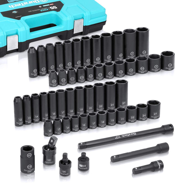 DURATECH 55-PIECE SOCKET SET 1/2’’ & 6 POINT IMPACT SOCKET SET 7 ACCESSORIES - Like New