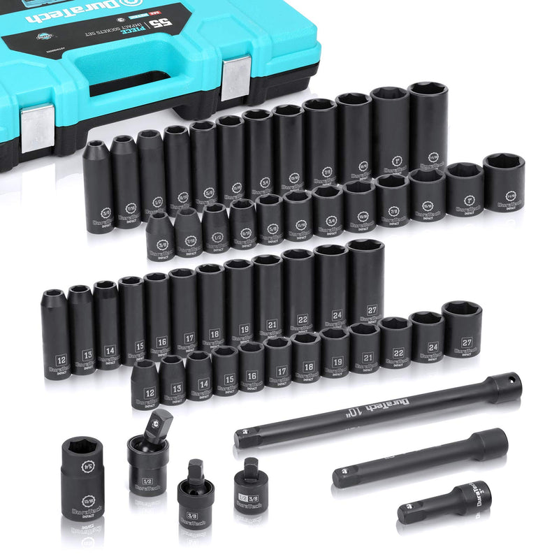 DURATECH 55-PIECE SOCKET SET 1/2’’ & 6 POINT IMPACT SOCKET SET 7 ACCESSORIES - Like New