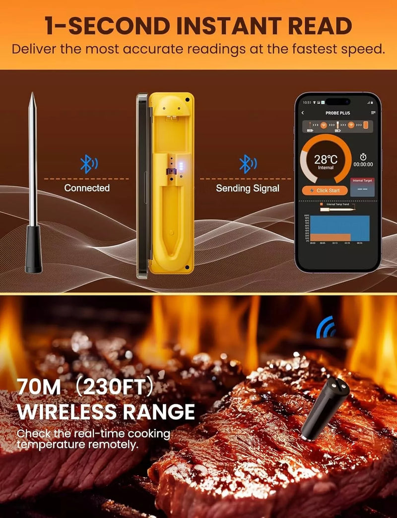 ImSaferell Wireless Meat Thermometer FM210, Black/Yellow - Like New