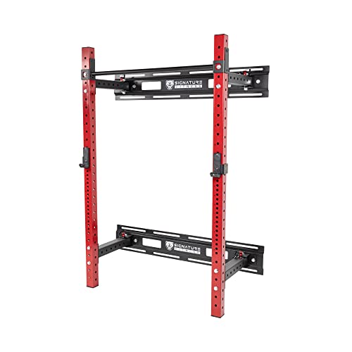 SIGNATURE FITNESS 3” X 3” WALL MOUNTED FOLD-IN POWER CAGE SQUAT RACK - RED - Like New
