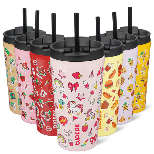 BJPKPK 18OZ INSULATED TUMBLER WITH LID AND STRAW STAINLESS STEEL - PINK UNICORNS - Like New