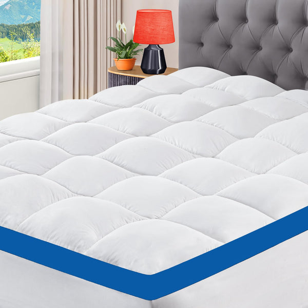 CYMULA King King Size Mattress Topper, Pillow Top Mattress Protector White/Blue - Like New