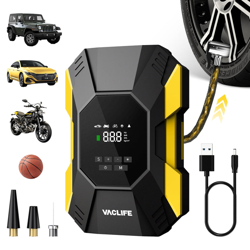 VACLIFE CORDLESS TIRE INFLATOR PORTABLE AIR COMPRESSOR 100PSI - BLACK/YELLOW Like New