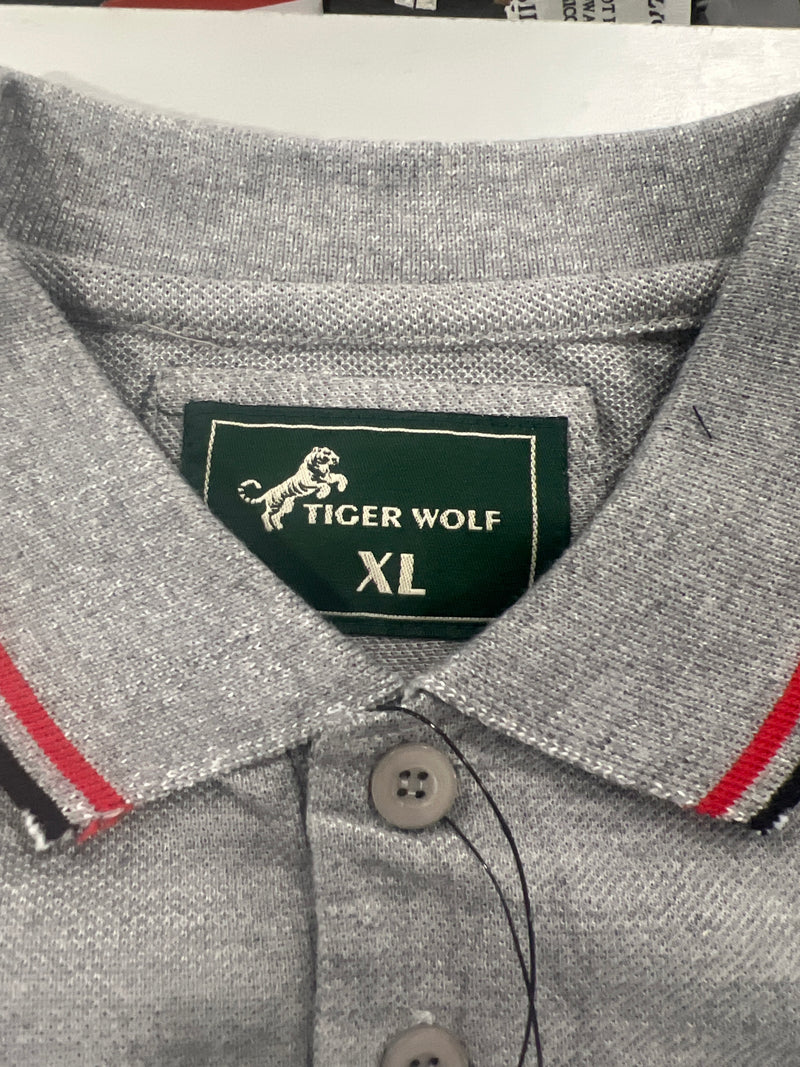 TIGER WOLF 3 BUTTON POLO SHIRT - SIZE: MEN XL - GRAY/RED/BLACK - Brand New