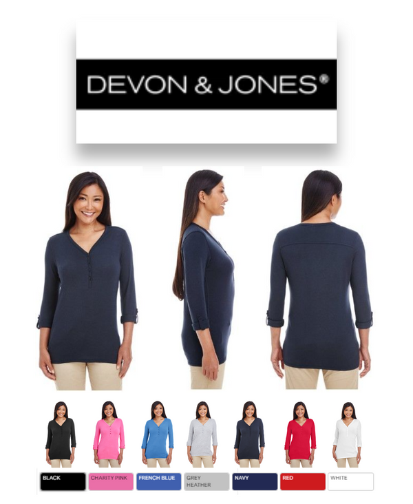 DP186W Devon & Jones Ladies' Perfect Fit Y-Placket Sleeve Knit Top - Brand New