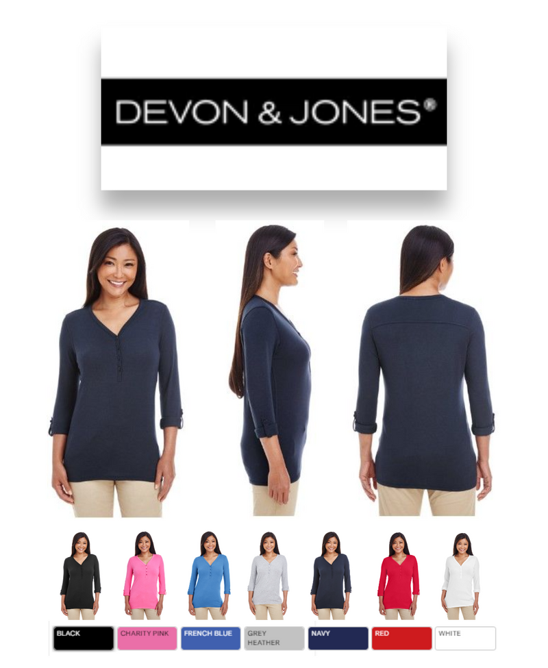 DP186W Devon & Jones Ladies' Perfect Fit Y-Placket Sleeve Knit Top New