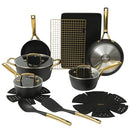 OSTER PLATINUM ABBOTTSFORD 16 PIECE ALUMINUM POTS PANS - BLACK/GOLD - Like New