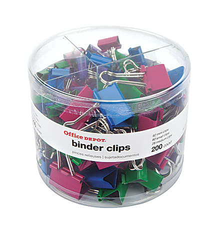 OFFICE DEPOT BINDER CLIP COMBO PACK, ASSORTED SIZES, ASSORTED COLORS,PACK OF 200 - Like New