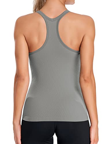 ATTRACO RIBBED WORKOUT TANK WOMEN BUILT BRA TIGHT SCOOP NECK M GRAY W3070-8056 - Like New