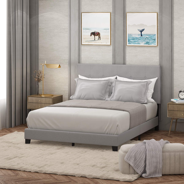 FURINNO LAVAL BUTTON TUFTED UPHOLSTERED PLATFORM BED FRAME, QUEEN, GLACIER.GRAY - Like New