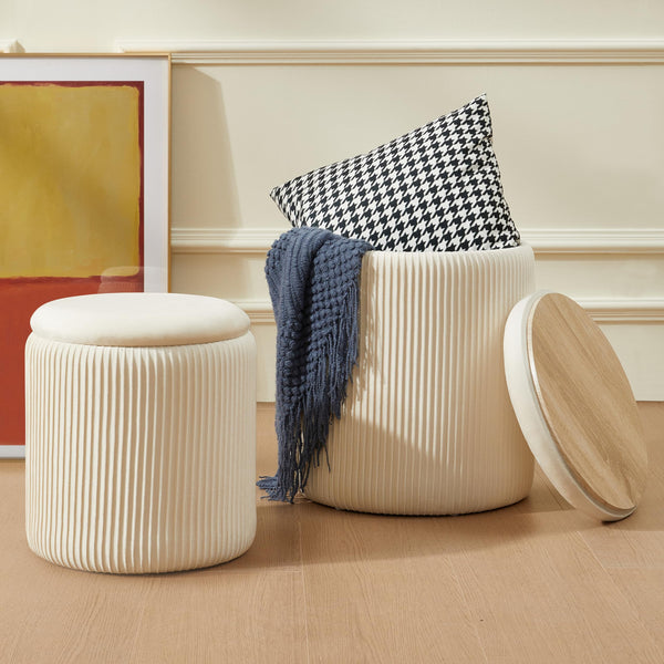 CHILIHOM ROUND OTTOMAN WITH STORAGE SET OF 2 UPHOLSTERED VELVET - BEIGE - Brand New
