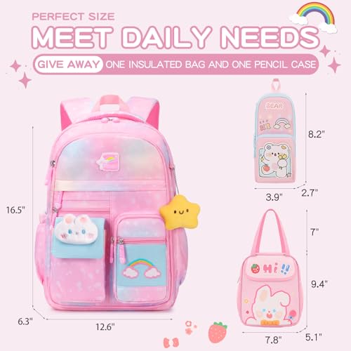 FISENT 3PCS KIDS BACKPACK FOR GIRLS,GIRLS BACKPACK SET,CUTE BUNNY RAINBOW - Like New