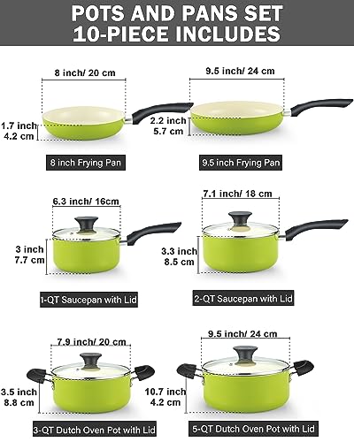 COOK N HOME POTS PANS SET NONSTICK 10 PIECE CERAMIC KITCHEN COOKWARE - GREEN Like New