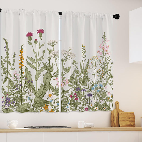 OPEODDIE GREEN BOTANICAL KITCHEN CURTAINS VINTAGE FLORAL CURTAINS 2PCSET - WHITE - Like New