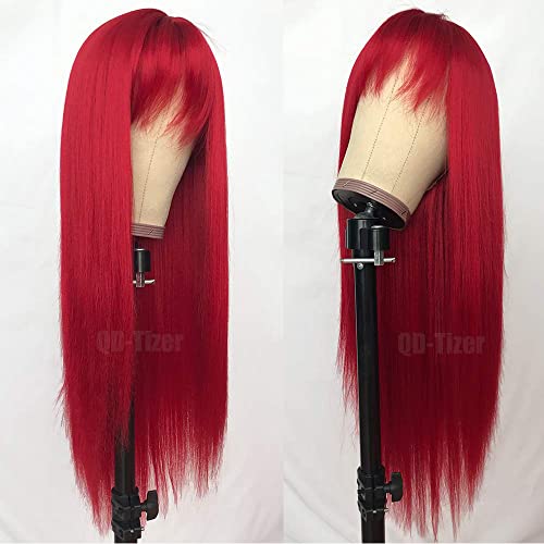 QD-TIZER RED LONG SILKY STRAIGHT WIG BANGS HEAT RESISTANT SYNTHETIC NO LACE WIG - Brand New