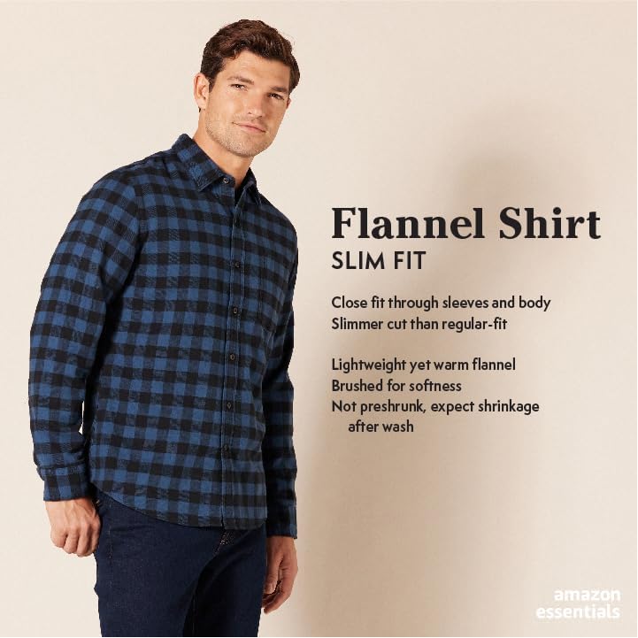 AMAZON ESSENTIAL MEN'S FLANNEL SHIRTS LONG SLEEVE SLIM-FIT BROWN/LILAC PLAID - Brand New