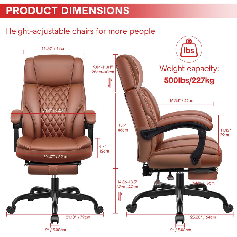 FELIXKING BIG & TALL HIGH-BACK LEATHER OFFICE CHAIR WITH FOOTREST - BROWN - Like New