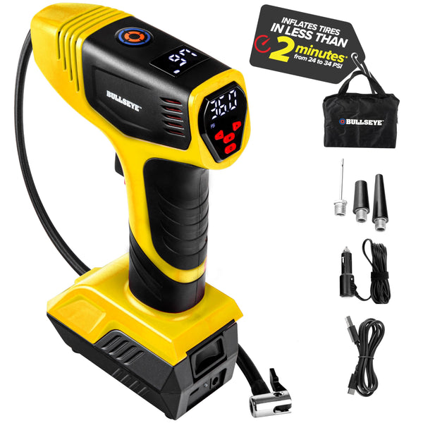 EMSON BULLSEYE PRO TIRE INFLATOR AIR COMPRESSOR 150PSI 12V DC 1500MAHS - YELLOW - Like New