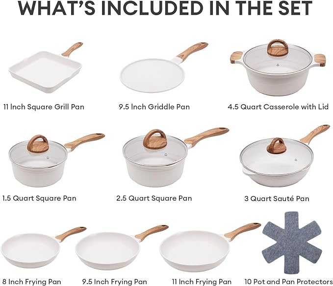 JEETEE 23pcs Pots Pans Set Granite Coating Cookware PFOA Free - White - Like New