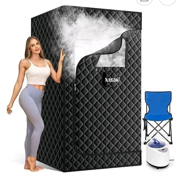 X-VCAK PORTABLE STEAM SAUNA PORTABLE SAUNA 4 HOME 9 LEVELS W/ CHAIR - BLACK - Like New