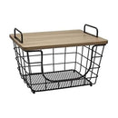 Gourmet Basics Madam Metal Stacking Nesting Basket Acacia Wood Lid - Black - Brand New