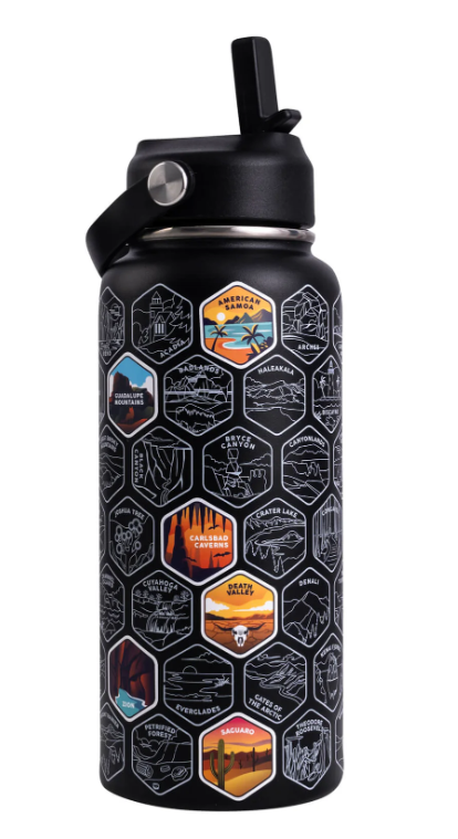 LETS WANDER™ NATIONAL PARKS WATER BOTTLE + STICKERS BESTSELLER - BLACK - Like New