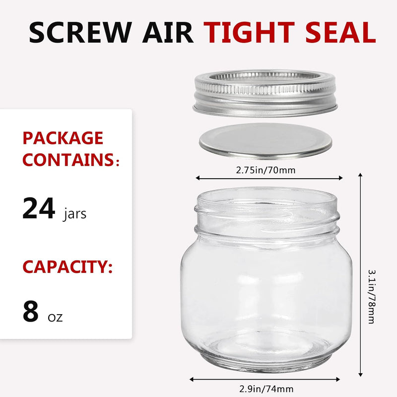 Betrome 8 oz Mason Jars, 24 Pack 240ml Glass Canning Jars, Mouth Lids - Clear - Like New