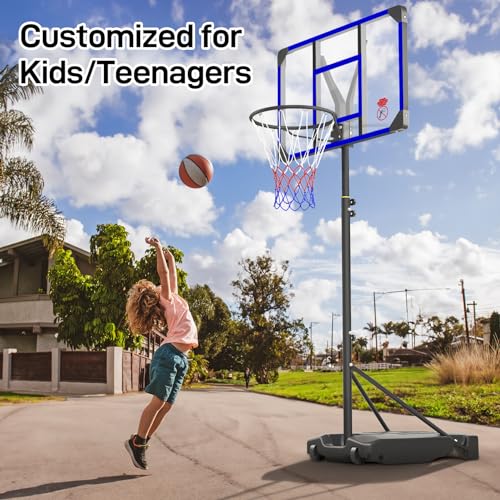 YOHOOD KIDS BASKETBALL HOOP OUTDOOR 4.82-8.53FT ADJUSTABLE, LX-908-BLUE - Like New