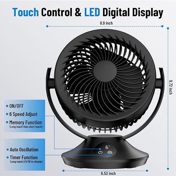 PISLIOU 12000mAh Rechargeable Desk Fan Portable Air Fan-6 Speed SK-103 - Black Like New