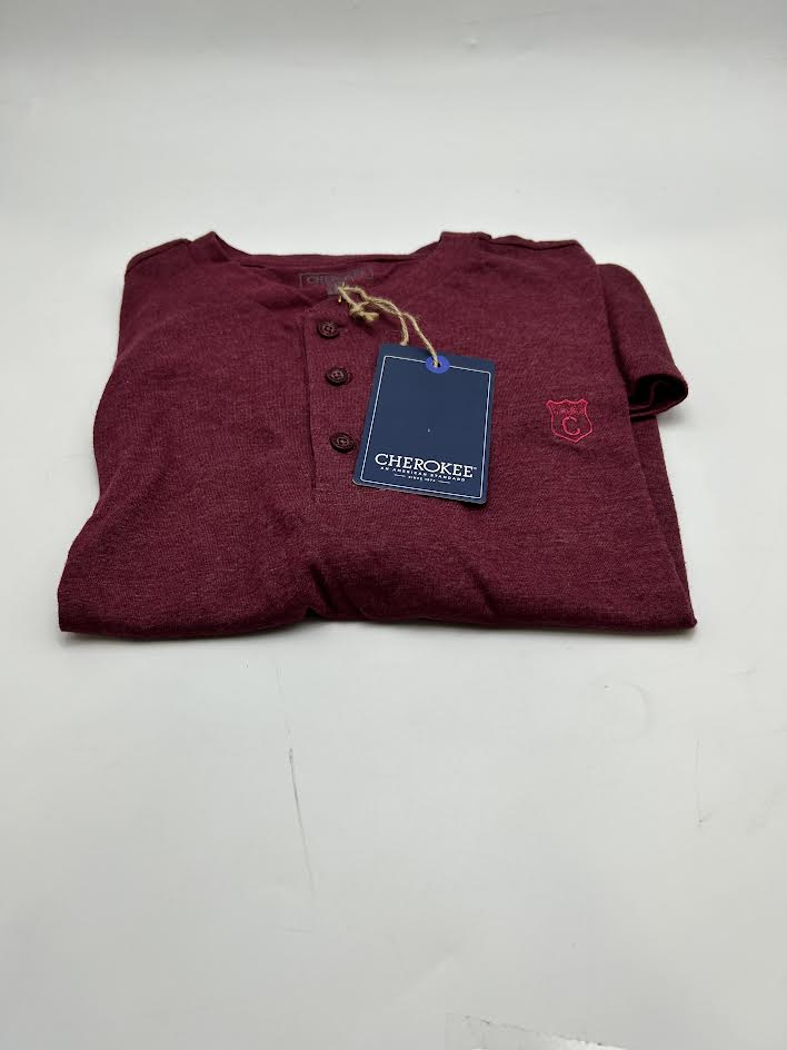 CHEROKEE MENS HENLEY TEE - SIZE: MEN L - BURGUNDY MELANGE - Brand New