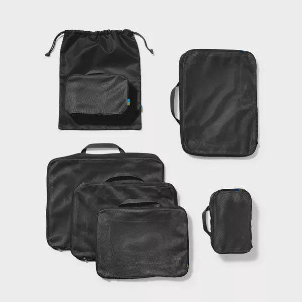 OPEN STORY 7PC PACKING CUBE SET WITH COMPRESSION - BLACK - Like New