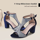 CAMSSOO Women's T-Strap Rhinestones Heeled Sandals, Blue Velvet, Size 42 - Brand New