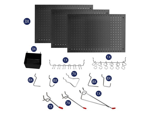 LUGO 62 PC PEGBOARD WALL ORGANIZER KIT, 24"X16" - BLACK - Like New