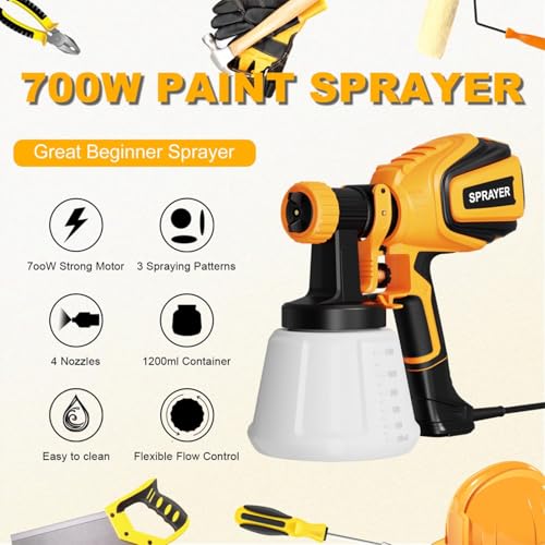 VONFORN PAINT SPRAYER, 700W HVLP SPRAY GUN, 4 NOZZLES AND 3 PATTERNS - YELLOW - Like New