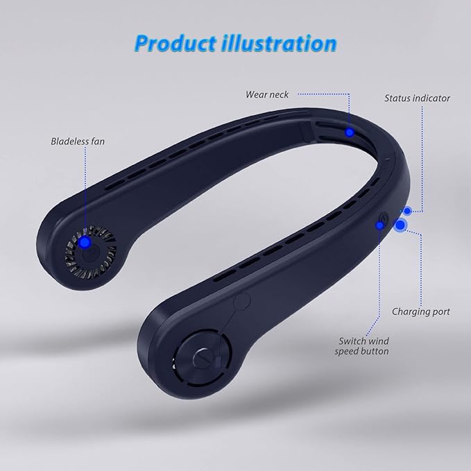 UseeShine Portable Neck Fan bladeless neck fan Indoor Outdoor Travelling - BLUE - Like New