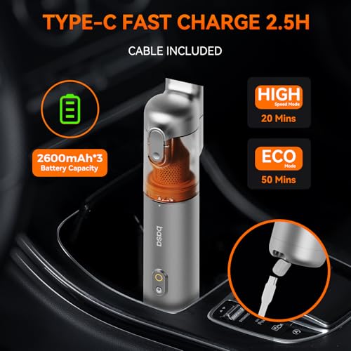 GENERIC POCKET CAR VACUUM, CORDLESS 50 MINS RUNTIME, 17000PA, 2.5H, M3 - SILVER - Like New