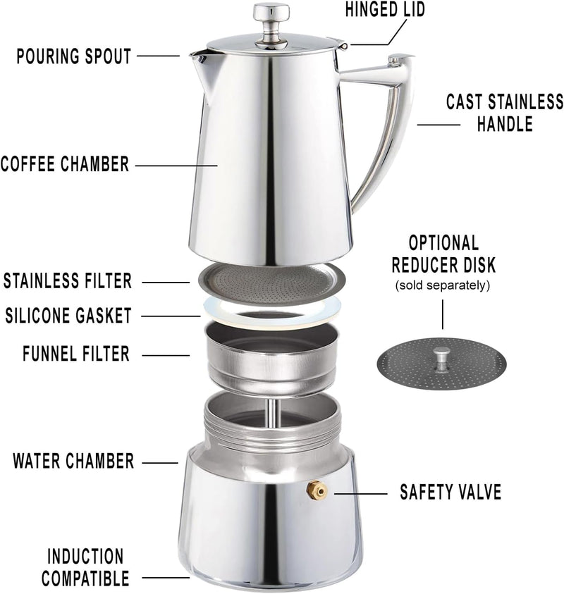 CUISINOX ROMA 6-CUP STOVETOP MOKA ESPRESSO MAKER COF-6R - STAINLESS STEEL - Like New