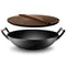 NUTRICHEF PRE-SEASONED CAST IRON CHINESE Wok Stir Fry Skillet Wooden Lid Black Like New