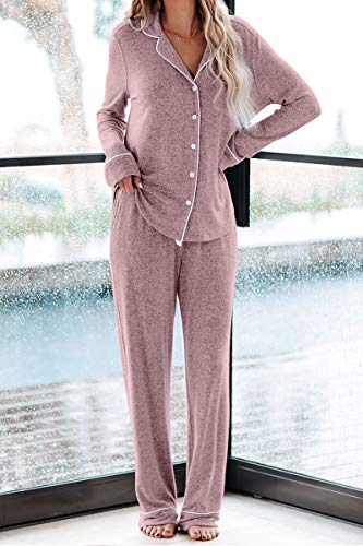 AAMIKAST WOMEN PAJAMA SETS LONG SLEEVE BUTTON DOWN SLEEPWEAR SOFT PJS PINK M - Brand New