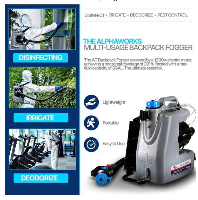 AlphaWorks Cordless Disinfectant Backpack Mist Duster ULV Sprayer GUT050 - GREY - Like New
