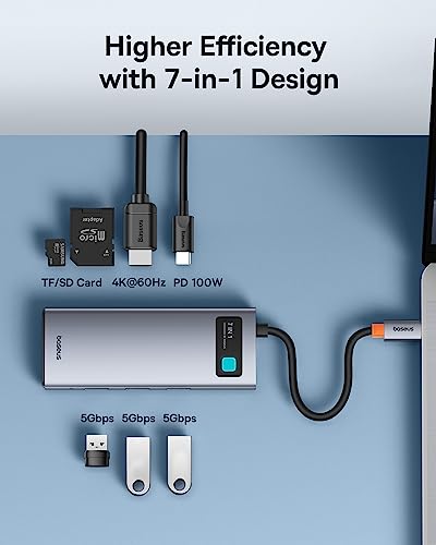 BASEUS USB C TO HDMI ADAPTER 4K@60HZ USB C DOCKING STATION 7 IN 1 USB C - GREY - Like New