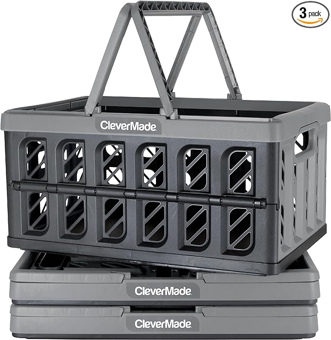 CleverMade Eco 24L Collapsible Reusable Plastic Grocery Shopping Baskets 3 Pack - Like New