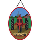 Welcome Red Tractor Barnyard on Burlap 18 x 13 Oval Chain Rope Door Banner - Brand New
